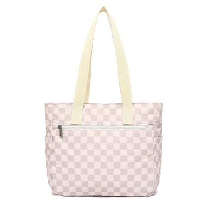 Women Tote Bag With Muti-Pockets,Lightweight Shoulder Bag,Large Capacity Handbag for Travel, Work, Gym - color: Lavender Grey Checkered