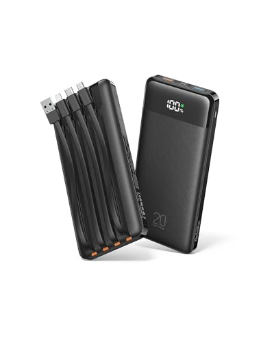 Orfeika 20000mAh Power Bank Fast Charging, Portable Charger with 4 Built-in Cables & 6 Outputs, 20W PD USB C Battery Pack Compatible with iPhone 16/15, Galaxy, Android, iPad & More (Travel Essential) - color: Black