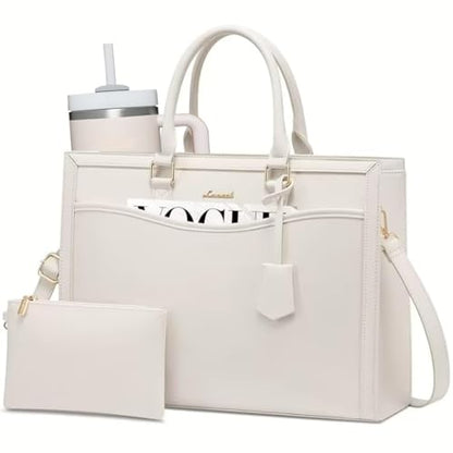 LOVEVOOK Laptop Tote Bag for Women, Leather Office Work Bag Briefcase fit for 15.6 inch Laptop, Large Teacher Computer Bag Handbag,2pcs Set Leather/Beige | PU Leather Business Briefcase Teacher Travel College Bag Handbag fit for 15.6 inch Laptop, Office P
