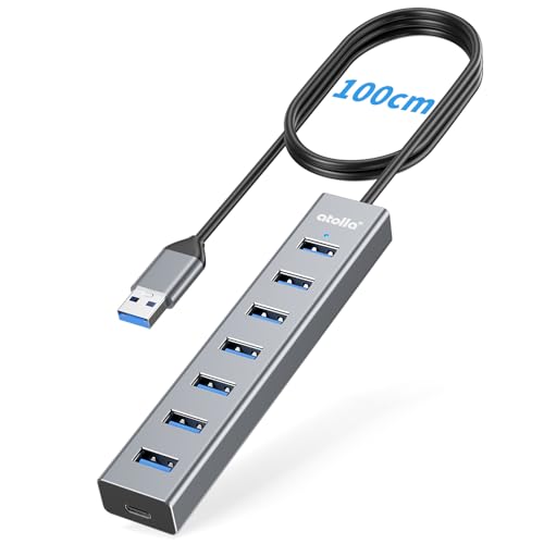 atolla Aluminum 7-Port USB 3.0 Hub with 1m Extension Cable - 5Gbps High-Speed Data Transfer for MacBook Pro, Laptop, PC, Gaming Setup-Gray - color: Gray