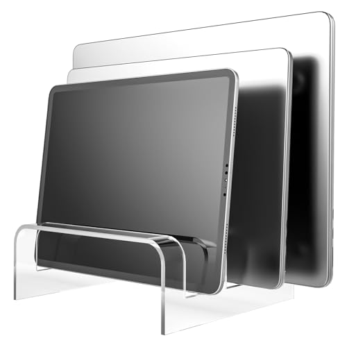 NiHome Clear Acrylic Vertical Laptop Stand, Compatible with Laptops and Tablets up to 2.8cm Thick, Space-Saving, Stylish and Scratch-Resistant Design, Secure with Anti-Slip Silicone Pads (Large)