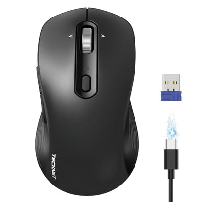 TECKNET Rechargeable Bluetooth Mouse, [ USB + BT5.0 + BT3.0 ] Wireless Mouse, Ergonomic 4-Way Scroll Wheel Computer Mice, 6-Level 4800 DPI Silent Mice, Multi-Device for Computer/Laptop/MacBook (Black) - color: Black