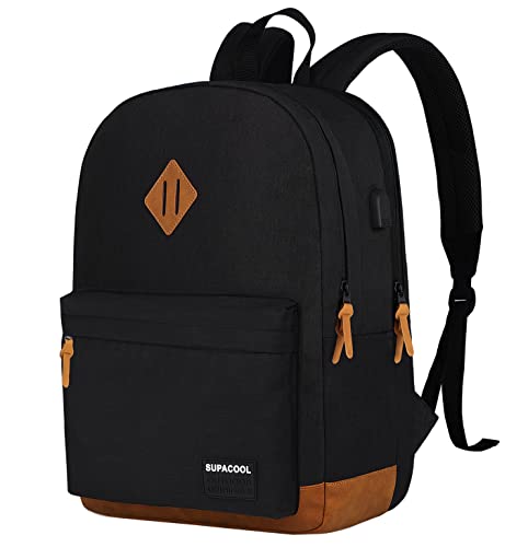 Lightweight Laptop Backpack with USB Charging Port for Men and Women, Double Layers Backpack for College, Work, Travel, Casual(Black and brown) - color: Black and Brown