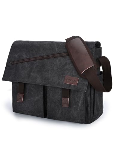Messenger Bag for Men,Water Resistant Canvas Satchel 14 15.6 17 Inch Laptop Briefcases Business Shoulder Bag by RAVUO - color: 14in-black(without Top Handle)