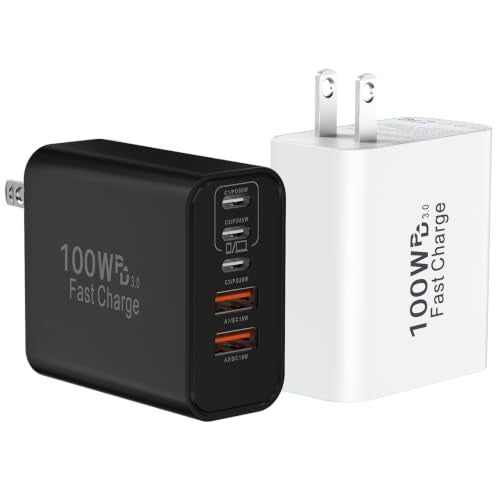 USB C Super Fast Charger Block, 100W USBC Wall Charger Plug, 2Pack 5-Port 65W Type C Phone Charging Cubes Multiport Power Adapter for iPhone 17/16/15/14/13/12 Series,Galaxy S26/S25 Ultra,iPad - color: Black+White