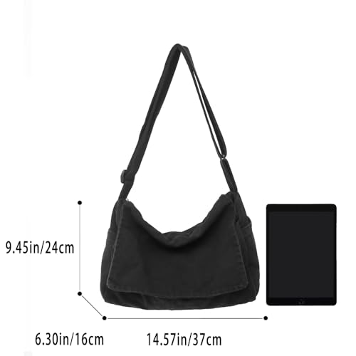 Canvas Messenger Bag Large Messenger Bags for Women Men Casual Canvas Crossbody Shoulder Bag with Multiple Pockets - color: Black