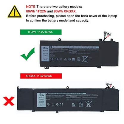 1F22N Laptop Battery Compatible with Dell Alienware M15 M17 P79F P79F001 R1 P37E P37E001 Dell G7 7590 7790 G5 5590 5590-D2783W D2743B D2843W Series 0HYWXJ HYWXJ 0JJPFK JJPFK 01F22N 06YV0V 15.2V 60Wh - size: 8.77*2.89*0.35 inch 1F22N