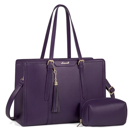 LOVEVOOK Laptop Bag for Women 15.6 inch Lightweight PU Laptop Tote Bag, Large Capacity Computer bag with Clutch Purse for Business, Work, Office, Travel,School，Casual（Dark Purple，15.6 Inch） - color: Dark Purple, size: 15.6 Inch