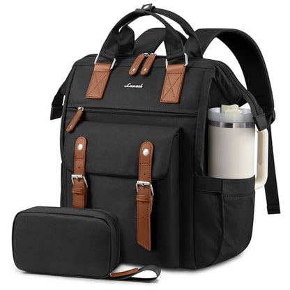 LOVEVOOK Laptop Backpack for Women with Giant Tumbler Holder Pocket,15.6 inch Waterproof Travel Backpack Purse Computer Laptop Bag - color: Black-brown, size: 15.6 Inch Cup