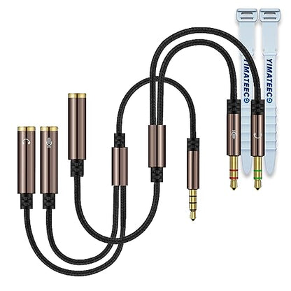 Headphone Splitter 3.5mm, Audio Splitter Headset Mic Adapter Nylon-Braided Extension Cable Stereo Aux Jack for Headphones Laptop PS4 Xbox PC Phone Tablet Gaming (1set, 2pcs, Brown) - color: 35CM/13.8IN Headphone Splitter - Brown, size: 1SET - 2pack