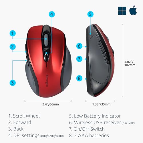 Kensington Pro Fit Mid-Size Wireless Mouse, Ruby Red (K72422AM) | Comfortable mid-size grip, wireless connection, reliable everyday desktop and laptop use - color: Ruby Red