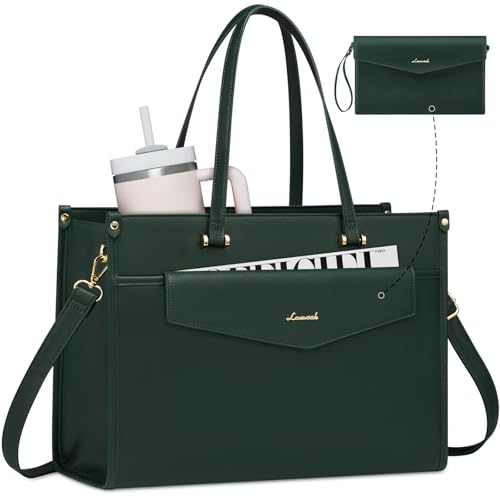 LOVEVOOK Laptop Tote Bag Women 2-in-1 Work Purse Computer Briefcase Handbag | Envelope Wristlet Clutch, Professional Work Bag for Business Office Teacher College Commute, Large PU Leather Messenger Bag - color: Dark Green, size: 15.6 inch