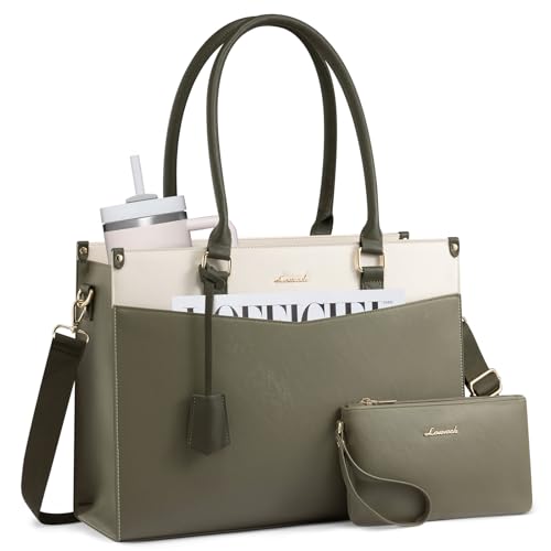 LOVEVOOK Laptop Bag for Women, 2-in-1 Tote Purse with Clutch & Cup Holder, Waterproof Briefcase for Work Travel - color: Sage Green-beige-dark Green, size: 15.6 inch