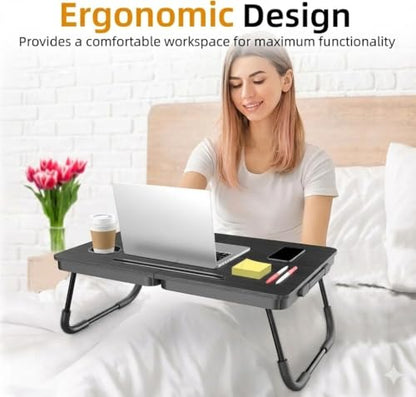 BUYIFY 23.4" Foldable Lap Desk Bed Table with Cup Holder Tray Charcoal | Portable Folds Flat for Easy Storage, No Assembly Laptop Bed Desk, Sturdy and Lightweight, Patent Design - color: Charcoal