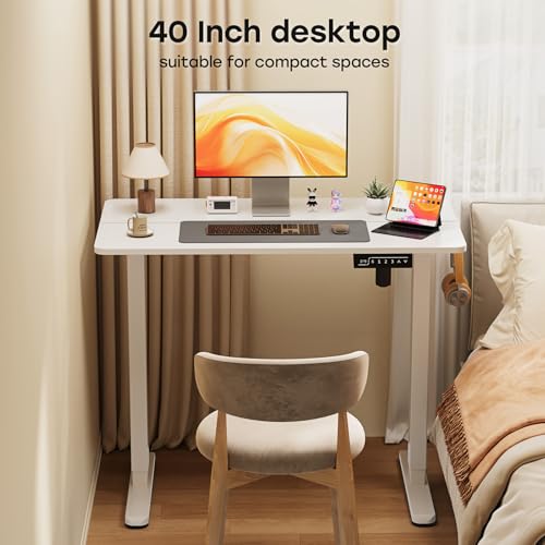 Small Electric Standing Desk, 40" ×20" White Standing Table, Height Adjustable Compact Sit Stand Desk with Splice Board, Home Office Table with 2 Hooks - color: Pearl White, size: 40"