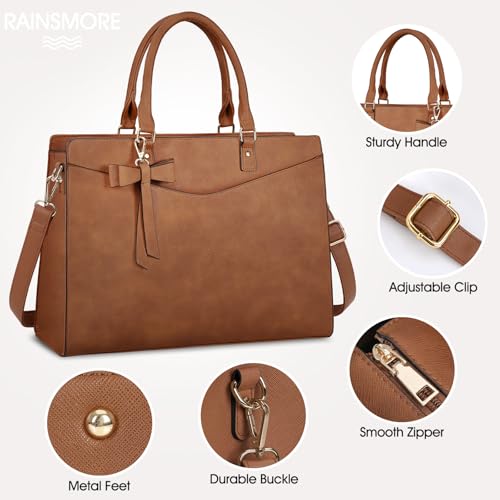 RAINSMORE Laptop Bag for Women 15.6 Inch PU Leather Laptop Tote Bag Professional Business Office Briefcase Waterproof Work Bag Computer Tote Bag Large Lightweight Handbag Shoulder Bag - color: Deep Brown