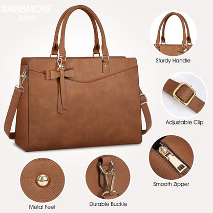 RAINSMORE Laptop Bag for Women 15.6 Inch PU Leather Laptop Tote Bag Professional Business Office Briefcase Waterproof Work Bag Computer Tote Bag Large Lightweight Handbag Shoulder Bag - color: Deep Brown