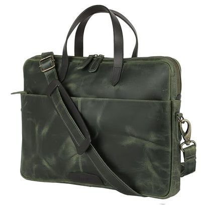 KomalC Leather Laptop Sleeve 15.5" with Trolley Strap, Fits up to 16" Laptop, Slim Office Bag with Shoulder Strap - color: Green