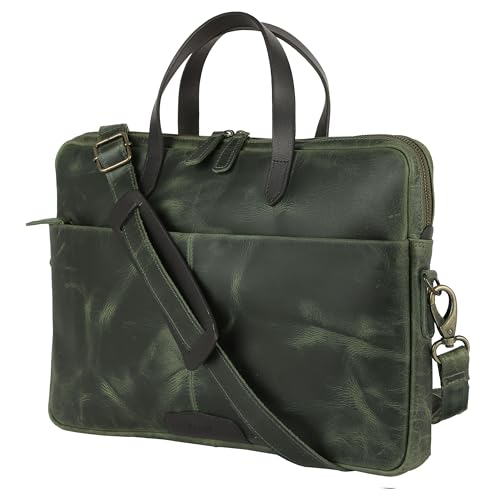 KomalC Leather Laptop Sleeve 15.5" with Trolley Strap, Fits up to 16" Laptop, Slim Office Bag with Shoulder Strap - color: Green