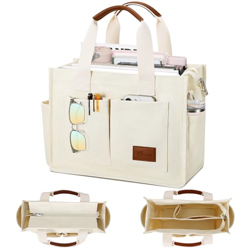 KKXIU Large Canvas Tote Bag for Women with Zipper and Compartments Crossbody Work Bible Messenger Purse Bag With Pockets - color: New Upgrade Plus Beige, size: Large