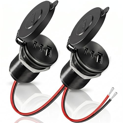 2PCS Aluminum Alloy 12V/24V RV USB Outlet 90W 3 Charging Ports, GIBBAB 2 36W PD3.0 Type-C+18W QC3.0 Fast Charging Socket, Waterproof Cover Recessed Mount Car Charger Cigarette Lighter Replacement Boat - color: Black-Cover, size: 2P
