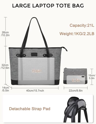 RAVUO Laptop Tote Bag for Women, Water Resistant 15.6 Inch Computer Handbag Purse Teacher Bag With Portable Small Pouch - color: Grey