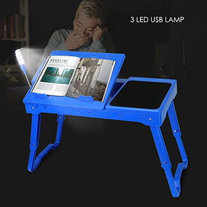 Foldable Laptop Table with Cooling Fan, LED Light, 4 x USB Ports, Mouse Pad & Storage Groove for Laptop Use in Home Office - color: Blue
