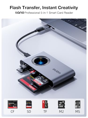 llano 5 in 1 Micro SD Card Reader, for SD/TF/MS/CompactFlash/M2 Cards 5Gbps | for Photographers, USB-C, Plug&Play, 4 Cards Simultaneously Read and Write, Windows, Linux, MAC OS and Chrome OS