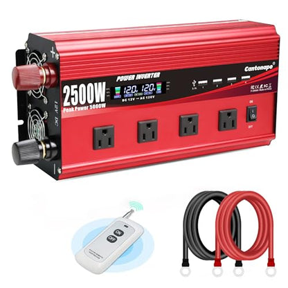 Cantonape 2500W Power Inverter 12V to 110V/120V DC to AC with LCD Display, Remote Controller 4 x AC Outlets and 4 x 3.1A USB Car Adapter for Car Truck Boat RV Solar System - size: 2500W-12V