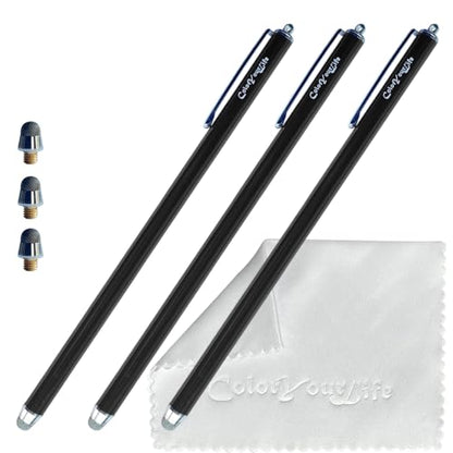 3-Pack 7.3’’ Fine Micro-Knit Mesh Tip Capacitive Stylus Pens for Touch Screens with Replaceable Mesh Tips, Extra Long Universal Stylus Pens and Cleaning Cloth (Black) - color: Black