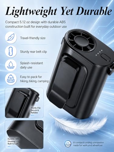 Waist Fan Portable Ultra Lightweight Design | Belt Clip on Fan for Shirt, Up to 36H Runtime, High Speed 18000RPM Strong Airflow, Neck Body Fan Camping Essentials