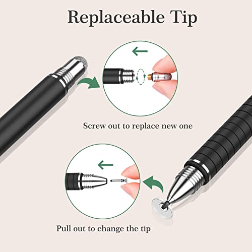 MEKO(2 Pcs) [2 in 1 Precision Series] Disc Stylus/Styli for All Touch Screen Devices Bundle with 4 Replaceable Disc Tips, 2 Replaceable Fiber Tips - (Black/Gold) | MEKO 1st Gen Passive Stylus, Fiber & Rubber Tips with Clip, Compatiable with All Touch Scre