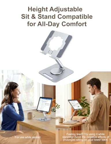 Laptop Stand, Height Adjustable 360° Swivel Anti-Wobble Base | Ergonomic, dual-axis, aluminum arm, carbon steel base, hollow cooling panel, fits 10-17" laptops, foldable, home office - color: silver