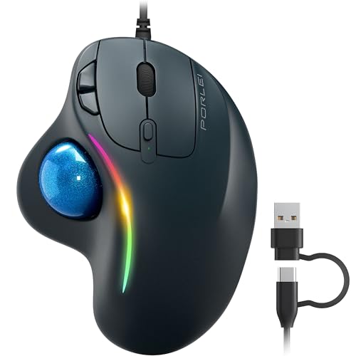 Wired Trackball Mouse with RGB Lighting, Ergonomic Thumb Control to Reduce Muscle Strain, 5 Adjustable DPI, Dual USB-C & USB-A Connectivity, Compatible with PC, Laptop, Mac, Windows-Blue - color: A-Blue