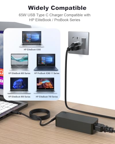 65W USB-C Charger for HP EliteBook 840 G5 G6 G7 G8 G9 G10 G11 ProBook 450 | For EliteBook 830 840 845 850 860 865 G5-G11, ProBook 440 450 455 460 G8-G11, EliteBook X360 1040 G7-G11, EliteBook 640 650