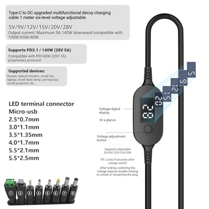 100W PD Power Charger USB-C to DC Adjustable PD Cable with Digital Display, 40 Inches, Black, Multiple Voltage Settings, Male to Male DC 5V 9V 12V 15V 20V Adapter Cable (Default +8-in-1 DC Tip) - style: Default +8-in-1 Green Gel DC Tip