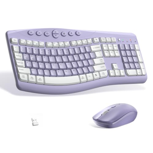 Wireless Keyboard and Mouse Combo Silent Ergonomic Curved Design for Office | 2.4G Full Size Cordless Keyboard with Tilt Legs,3-Level DPI Quite Mouse for Windows,Mac OS/Desktop/Laptop/PC - color: purple-a