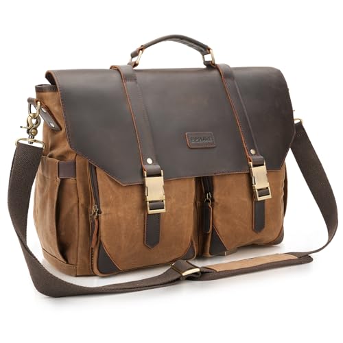 POLARE Waxed Canvas Full Grain Leather Messenger Bag for Men, Vintage 15.6" Laptop Briefcase for Work