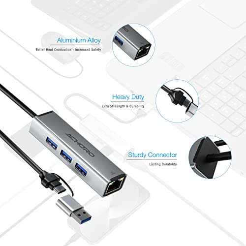 ACHORO Multi-Function USB to Ethernet Adapter with LAN – Built-in USB A & USB C, Extra 3 USB Connections with RJ45, Aluminum Alloy, for PC & Mac (LAN & USB Ports)