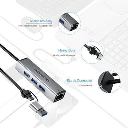 ACHORO Multi-Function USB to Ethernet Adapter with LAN – Built-in USB A & USB C, Extra 3 USB Connections with RJ45, Aluminum Alloy, for PC & Mac (LAN & USB Ports)