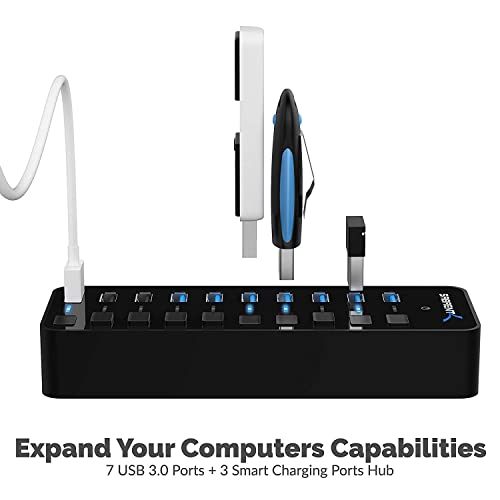SABRENT 10-Port USB 3.0 Hub, Individual Power Switches and LEDs, 3 Smart Charging Ports, 60W Power Adapter, for PC, Mac, Xbox, PS5, Laptop, Desktop, USB Devices (HB-B7C3) - size: 10-Port - 7 USB 3.0 + 3 Charging