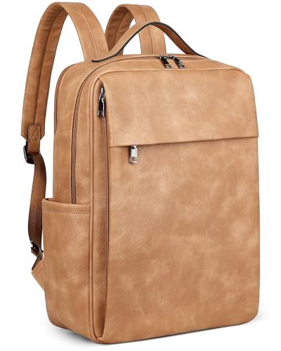 MASINTOR 15.6 inch PU Leather Laptop Backpack Purse for Women | College Laptop Backpack, Spacious Main Compartment, Luggage Strap & Padded Sleeve, Ideal for Campus, Commute & Travel - color: Retro Camel