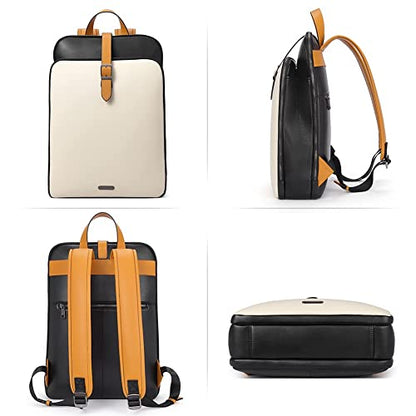 CLUCI Leather Backpack for Women, 15.6 inch Laptop Bag, Large Genuine Work Backpack Travel Back - color: 0-2 Beige With Yelow Fine Lines