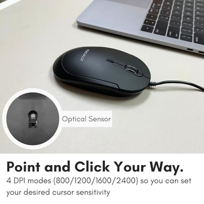 Macally Computer Mouse Wired, Silent USB Mice - Slim & Compact USB for Apple Mac or Windows PC Laptop/Desktop - Designed with Optical Sensor & DPI Switch - Simple - Black - color: Black