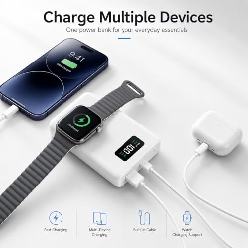 PZOZ 20000mAh Portable Charger with Apple Watch Charger, 45W PD Fast Charging Power Bank, Built-in USB-C Cable and Lightning Adapter, LED Display Portable Battery Pack for iPhone, iPad and Travel
