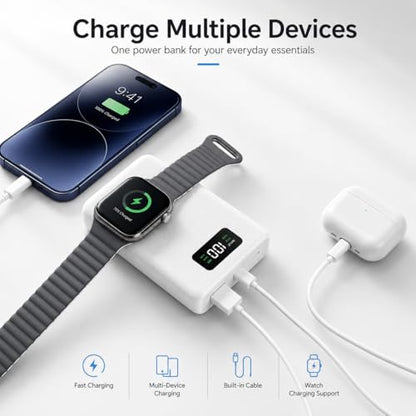 PZOZ 20000mAh Portable Charger with Apple Watch Charger, 45W PD Fast Charging Power Bank, Built-in USB-C Cable and Lightning Adapter, LED Display Portable Battery Pack for iPhone, iPad and Travel
