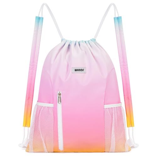 WANDF Drawstring Backpack, Gym String Bag with Shoulder Pad | Water-Resistant, Sports, Travel, Beach, Daily Carry, for Men Women - color: M, Rainbow, size: Medium
