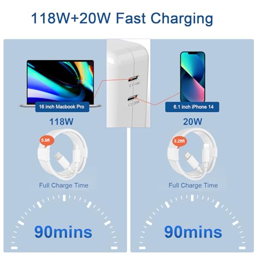 Fancy Buying Mac Book Pro Charger Block - 138W Dual Port 118/20W USB C Charger Compatible with MacBook Pro 13 14 15 16 Inch,MacBook Air, iPad Pro and All USB C Device, Include 2 Cables