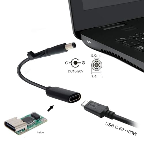7.4x5.0mm Dell Slim Tip Adapter (Requires 100W PD Charger), Female USB-C to Male Power Connector for 45W/65W/90W 7.4mm Dell Laptops, Will NOT Charge with Phone Charger