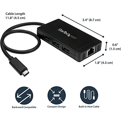 StarTech 3-Port USB-C Hub with Gigabit Ethernet and 3X USB-A, 5Gbps, TAA | Built-in 30cm USB-C cable, 3x USB-A, Fully powered connected devices, Desktop placement, Small footprint